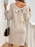 And Winter New Loose Knitting V-Neck Bow Long-Sleeved Sweater Dress
