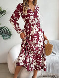Shooting 2025 Autumn And Winter Leisure Flowers Waist Long-Sleeved Lotus Leaf-Side Dress Women's