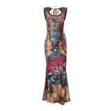 Zingj Ins Women's Summer 2023 New Fashion Vintage Tie-Dye Print Sexy U-Neck Slim Dress Long