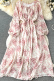 Autumn Women Printed Long Dress Vintage Puff Sleeve High Waist A-Line Casual Maxi Vestidos Vacation Beach Robe