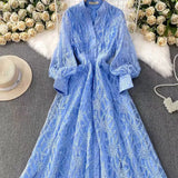 Retro Elegant Dress Woman 2025 New High-End Collar Single Buckle Waist Embroidery Mesh