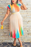 Pieces Set Sexy Spring Fashion Women Sets 2023 Female Tops Floral Print Short Sleeve Shirt Elastic Waist Long Pleated