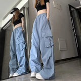 Zingj Speed Dry Cargo Pants Female Stereo Pocket High Waist Straight Tube Wide Leg Ribbon Loose Casual Floor