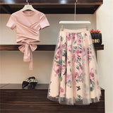 Fresh Chiffon Skirt Elegant Short Sleeve Bowknot Tops Floral Mid-length High Waist Slim Two-piece Suit Shirt Skirt