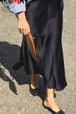Silk Satin Midi Skirt for Women 2023 New Elegant High Waist A Line Solid Office Balck Long Skirt Women