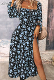 Print Dress Women Boho Elegant Lace Up Side Splits Dresses Ladies Casual Sexy Square Neck Long Sleeve Dress Beach