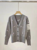 College Wind Puppy Embroidery V Collar Knitted Cardigan Sweater Coat Four Bar Thin Japanese, South Korea, Japan And South Korea