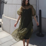 High Street Midi Dress Women Loose Puff Sleeve Fairy Korean Party Dress Female Streetwear Casual Y2k Dress 2021