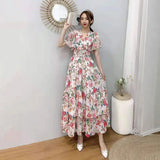 Short-Sleeved Chiffon Print Big Swing 100 Fold Design Dress A-Dress Loose Waist With Inner Lining Dress