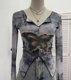 Shooting Amount Of Bumpy Tulle Spliced Denim Butterfly Design Sunscreen Coat V Collar Short T-Shirt