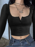 Women Ribbed Causal T-shirts Crop Tops Spring Autumn Slim Fit Base Tees Solid Long Sleeve Buttons T-shirts