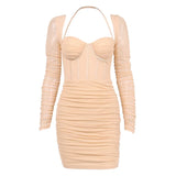 Zingj Women's Sexy Mesh Perspective Fishbone Fold Show Back Tight Package Hip Halter Skirt Summer Dress