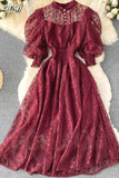 Women Lace Dress Spring Autumn Stand Collar Puff Sleeve High Waist Party Robe Female Elegant Green/Purple Midi