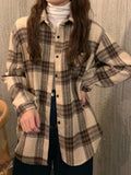 Thick Women Plaid Shirts Korean Winter Warm Fleece Button Up Tops Vintage Turn Down Collar Loose Casual Woolen Female