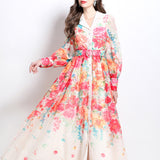 Women's Dress Spring New Court Style Waist Suit Collar Lantern Sleeve Print Long