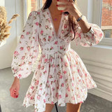 Women's Temperament Sweet Broken Flower High Waist Repair V Collar Short Long Sleeve