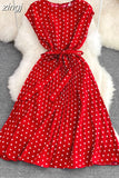 Vintage Polka Dot Pleated Dress Women Red/Green/Black Draped Knee Length Vestidos Female Elegant Robe New