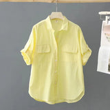 Short-Sleeved Solid-Colored Shirt Women 2025 Summer New Outer Shirt Design Sense Double Pocket Loose Thin Top