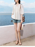 Atmosphere Age Reduction V-Neck Short-Sleeved Shirt Woman 2025 Summer New Commute Fashion Temperament
