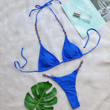 Zingj New Sexy Thong Bikini Metal Chain Rope Swimsuit Split Band Solid Color Women's