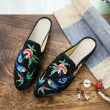 Zingj Two Birds, Embroidered Ink Painting, Bright Silk Cloth, Pointed Women's Single Shoes, Casual Walking