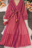 Autumn Women Mesh Pleated Long Dress Vintage Pink/Yellow/Brown V-Neck Flare Sleeve Draped Maxi Vestidos With Belt