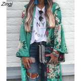 Women Loose Retro Silk Casual Kimono Flower Long Cardigan Tops Boho Autumn Winter Coat Jacket Blouses Long Sleeve