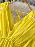 Women Pleated Chiffon Dress Sexy V-Neck Puff Sleeve High Waist Draped Vestidos Female Vacation Beach Midi Robe