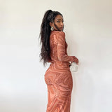 Women's Clothing 2025 Autumn New Long-Sleeved Dress Printed Round Collar Body Medium Long Dress Dress