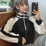 Hat Hoodies Sweatshirts Short Length Striped Zipper Turtleneck Spring Autumn Fashion Streetwear Chic All-match Ulzzang
