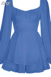 Women Boho Romper Long Sleeve Double Layer Ruffle Hem Chiffon Short Fairy Princess Mini Dress Jumpsuit