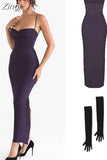 Satin Maxi Dress Sexy Long Prom Evening Party Dresses With Glove Purple V Neck Spaghetti Strap Dresses For Women