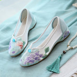 Zingj Shoes Low Heel Root Embroidered Cloth Shoes Bright Silk Quilting 2023 Summer With Fairy Gauze Skirt