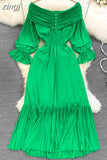 Pleated Party Midi Dress Women Sexy Slash Neck Off Shoulder Flare Long Sleeve Draped Ruffle Vestidos Female