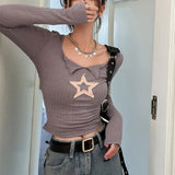 Star Patch Long Sleeve Knit Crop Top-Outfit