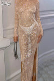 Shiny Rhinestones Mesh Club Party Dress Sexy Women See Through Long Sleeve O-Neck Hollow Out Side Split Midi