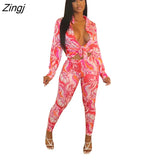 Femme Print Jacket & Trousers Office Lady Outfits Autumn Women two Pieces set Chain Print Button Coat & Pants Suit
