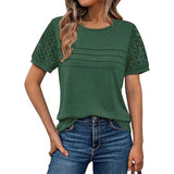 Summer New Women's Casual Loose Round-Neck Lady T-Shirt Solid Color Lace