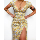 Zingj Spring And Summer New Flower Print Small Fresh And Sweet V-Neck Long Dress