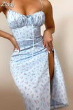 Spaghetti Strap Floral Print Summer Dress Women V Neck Bow Long Beach Party Elegant Bodycon