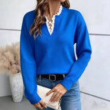 2025 New Fashion Lace V-Neck Sweater Solid Color Loose Long-Sleeved Knitwear
