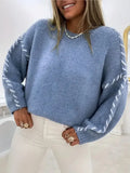 Leisure Pure Color Round Collar Knitted Shirt Wear Rope Design Loose Lanky Long Sleeve Sweater Female