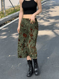 Mesh Lining Vintage Floral Midi Skirt- Outfit