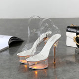 Zingj 34-43 Sexy Super High Heels Luminous Thin Heel Waterproof Platform Sandals Transparent Model Crystal Shoes Wedding