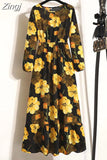 Floral Print Women Dress Spring Summer Casual O Neck Long Sleeve Chiffon A Line Long Maxi Dress Party