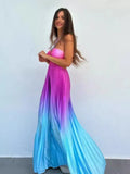 New Summer Gradient Hanging Neck Fold Fashion Dress Ladies Beach Holiday