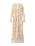 Sexy Wind Dress Women 2025 Summer New Deep V Long-Sleeved Lace Hollow Flare-Sleeve Long