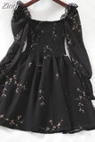 2023 Womens Sexy Black Dress Vintage Flower Long Puff Sleeve Chiffon Dresses Korean Casual Mini Vestidos Mujer