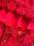 Yellow/Red/White Hollow Out Lace Long Dress Vintage O-Neck Puff Sleeve High Waist A-Line Big Swing Maxi Party Vestido