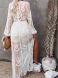 Lace Floral Mesh See Through Long Maxi Dress 2023 Summer Deep V-neck Long Lantern Sleeve Beach Dress Female